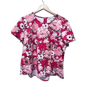 Liz Claiborne XL Red White Coral Floral Stretch Poly Top Scoop Neck Zip Back